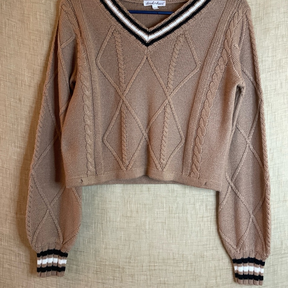 Y2K Preppy Crop Top Cable‎ Knit V-Neck Sweater - Tan